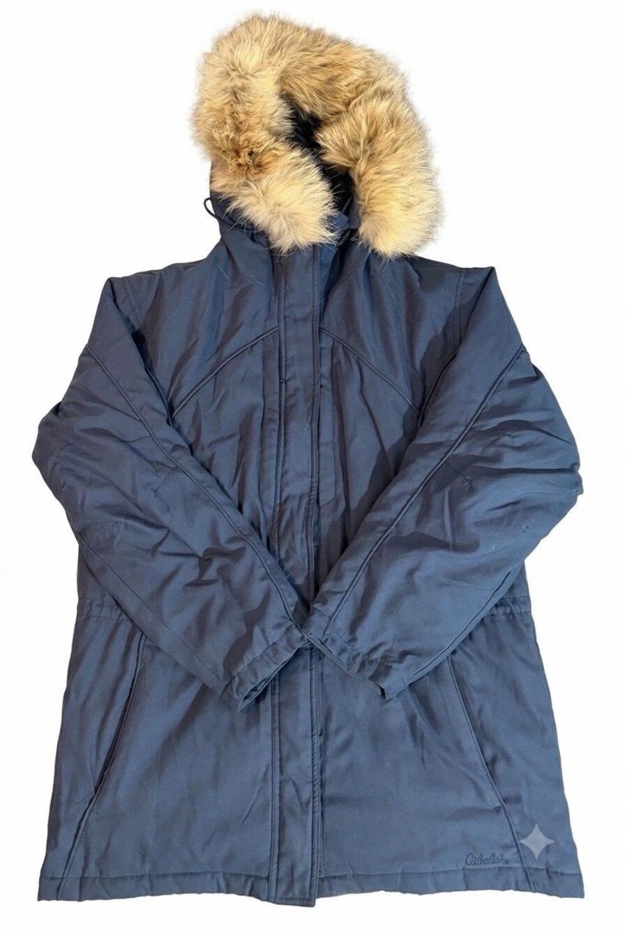 Cabela's Jacket Womens Medium Blue Gore-Tex Thinsulate Hooded Coyote Fur Parka